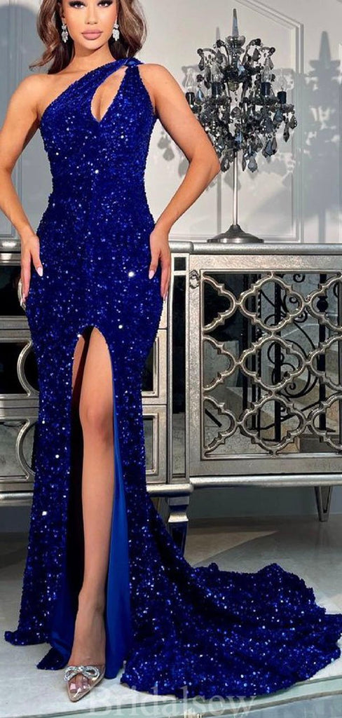 2025 Mermaid Royal Blue Sequin Sparkly Unique Modest Party Evening Long Prom Dresses PD302