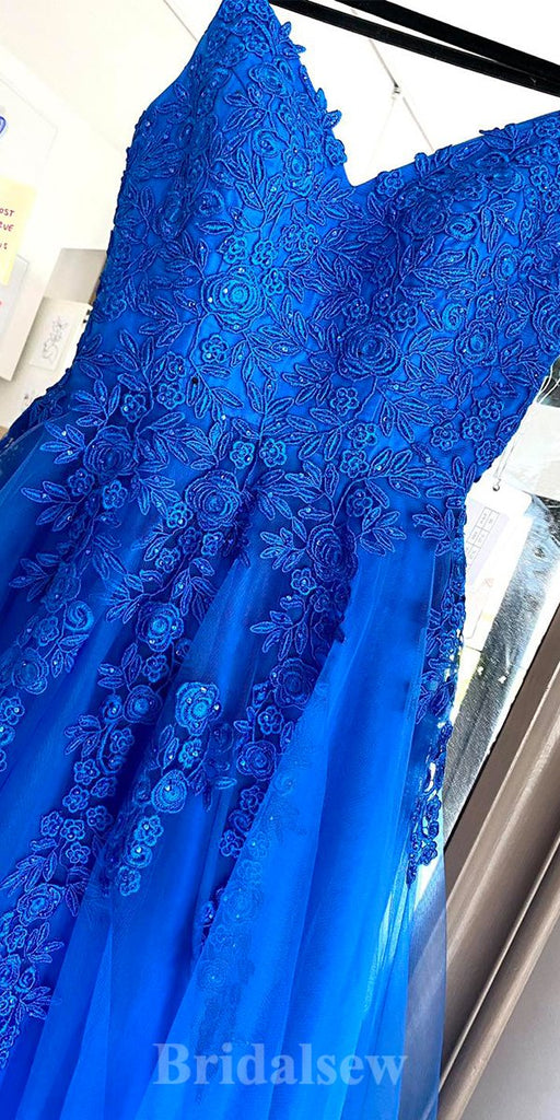 A-line Royal Blue Lace Stylish Spaghetti Straps Long Women Evening Prom Dresses PD852
