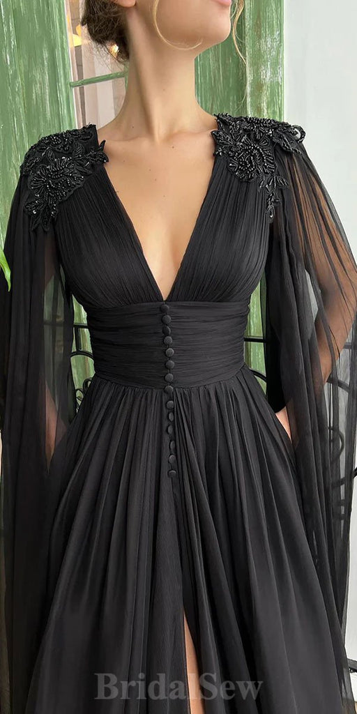 A-line Black Chiffon Unique Modest Stylish Elegant Evening Formal Long Prom Dresses PD1464