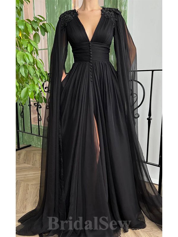 A-line Black Chiffon Unique Modest Stylish Elegant Evening Formal Long Prom Dresses PD1464