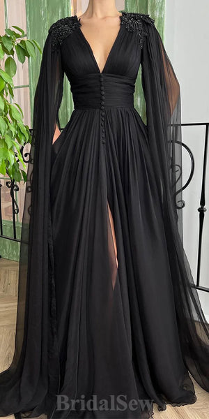 A-line Black Chiffon Unique Modest Stylish Elegant Evening Formal Long Prom Dresses PD1464
