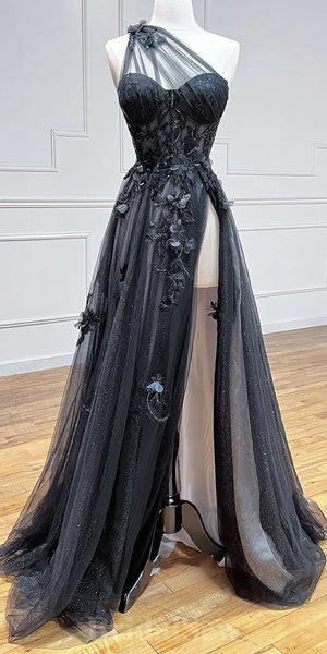 A-line Black One Shoulder Chic Lace Elegant Stylish Women Evening Formal Long Prom Dresses PD1469