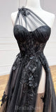 A-line Black One Shoulder Chic Lace Elegant Stylish Women Evening Formal Long Prom Dresses PD1469