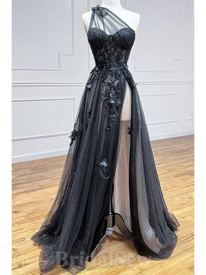 A-line Black One Shoulder Chic Lace Elegant Stylish Women Evening Formal Long Prom Dresses PD1469