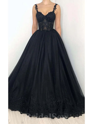 A-line Black Spaghetti Straps Tulle Lace New Modest Stylish Women Evening Formal Long Prom Dresses PD1466
