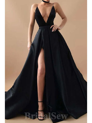 A-line Black V-Neck Satin Simple Spaghetti Straps Stylish Elegant Evening Formal Long Prom Dresses PD1463