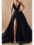 A-line Black V-Neck Satin Simple Spaghetti Straps Stylish Elegant Evening Formal Long Prom Dresses PD1463
