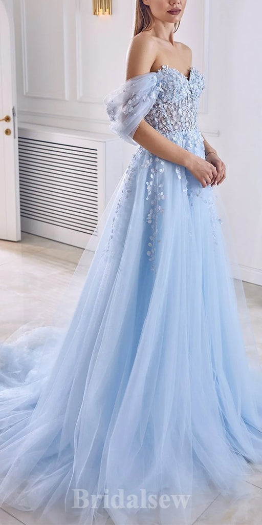 A-line Light Blue Tulle Off the Shoulder Elegant Evening Formal Long Prom Dresses PD1409