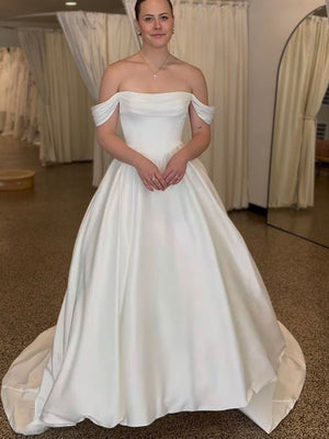 A-line Off-Shoulder Satin Popular Garden Beach Dream Vintage Long Wedding Dresses WD560