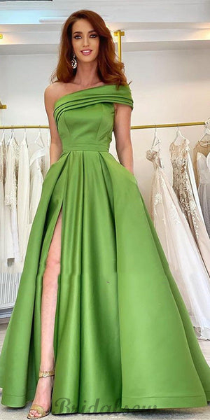 Simple Long Red A-line One Shoulder Satin Sleeveless Evening Dresses With Slit