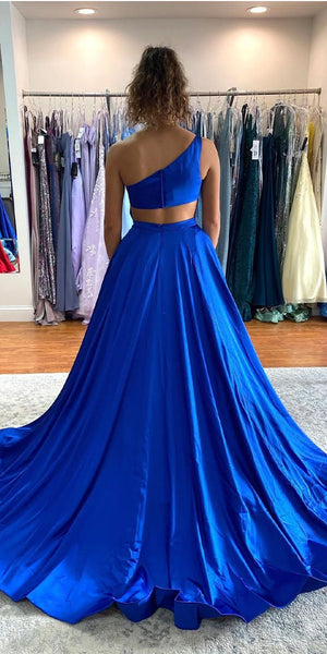 One Shoulder Royal Blue Satin Long Prom Dress, A Line Party Dress main image 0