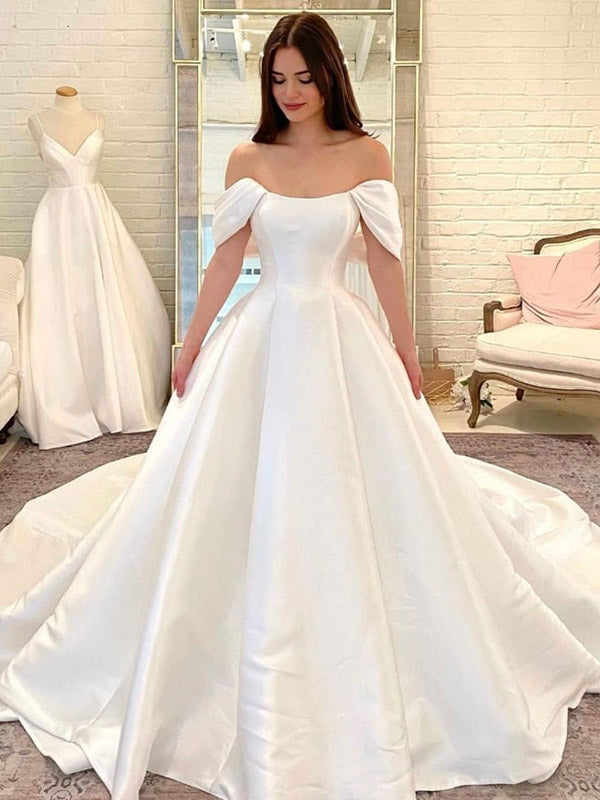 A-line Satin Off the Shoulder Princess Beach Dream Vintage Long Wedding Dresses WD545