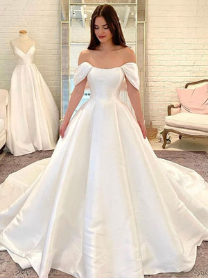 A-line Satin Off the Shoulder Princess Beach Dream Vintage Long Wedding Dresses WD545