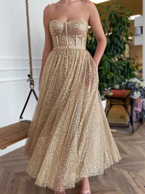 A-line Sequin Strapless Sparkly Elegant Party Modest Women Evening Long Prom Dresses PD1521