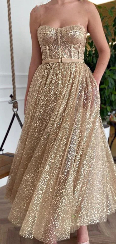 A-line Sequin Strapless Sparkly Elegant Party Modest Women Evening Long Prom Dresses PD1521