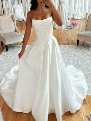 A-line Strapless Custom Discount Popular Garden Beach Dream Vintage Long Wedding Dresses WD558