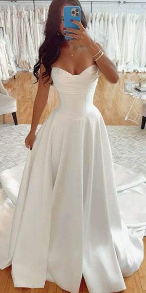 A-line Strapless Satin Simple Popular Garden Beach Dream Vintage Long Wedding Dresses WD557