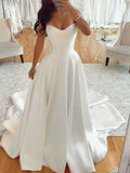 A-line Strapless Satin Simple Popular Garden Beach Dream Vintage Long Wedding Dresses WD557