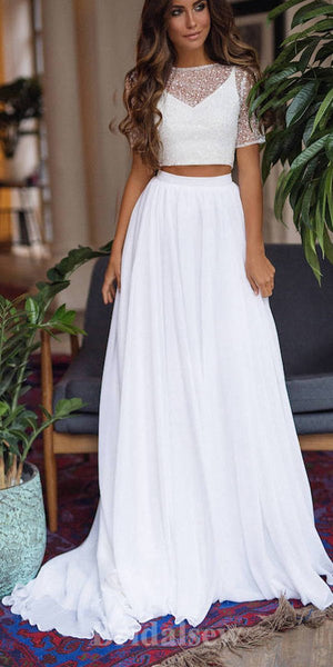 A-line Two Pieces Short Sleeves Unique Elegant Vintage Dream Beach Long Wedding Dresses WD538