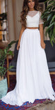 A-line Two Pieces Short Sleeves Unique Elegant Vintage Dream Beach Long Wedding Dresses WD538