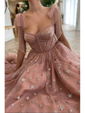 A-line Unique Dusty Pink Stylish Fairy Sparkly Party Modest Women Evening Long Prom Dresses PD1524