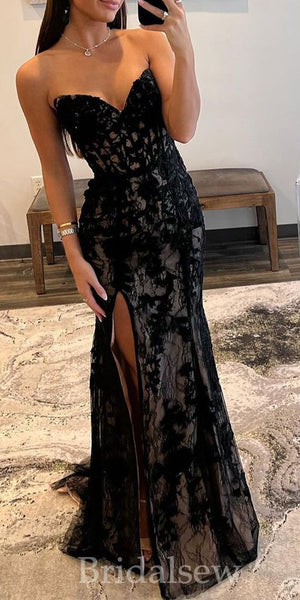 Black Strapless Lace Mermaid Unique Stylish Elegant Evening Formal Long Prom Dresses PD1431