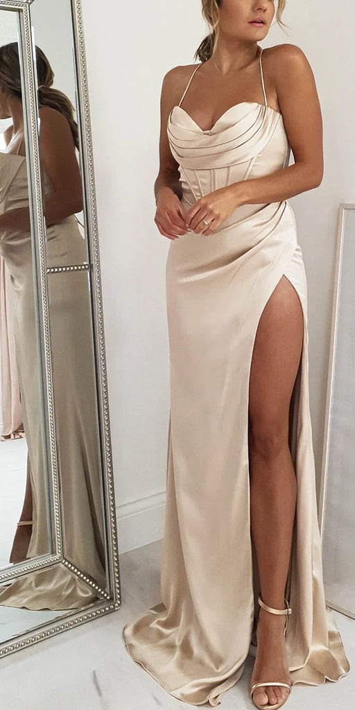 Champagne Spaghetti Straps Mermaid Evening Formal Long Prom Dresses PD255