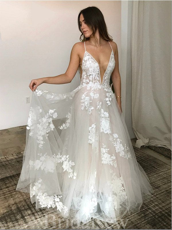 Dream Beach Popular A-line Spaghetti Straps Lace Princess Unique Vintage Long Wedding Dresses WD543