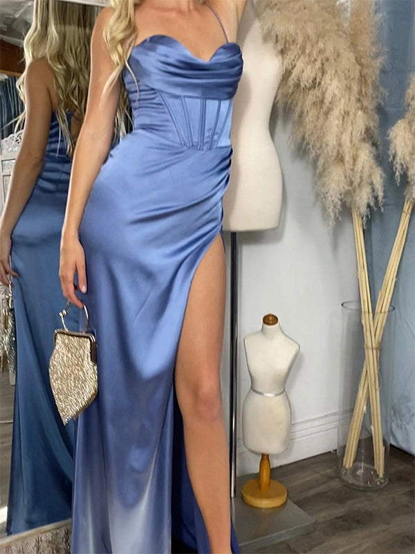 Dusty Blue Unique Popular Mermaid Modest Party Long Prom Dresses, Evening Dress PD449