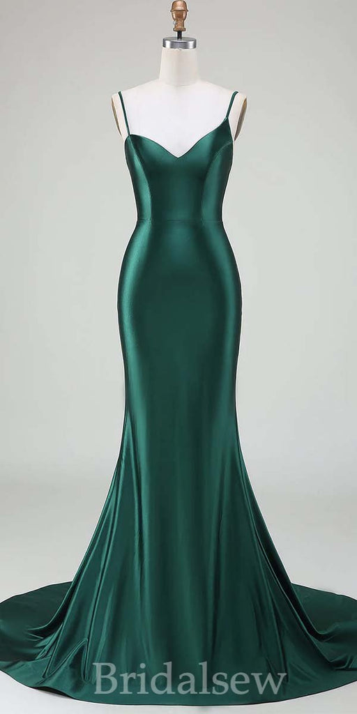 Green V-Neck Spaghetti Straps Mermaid Simple Elegant Evening Formal Long Prom Dresses PD1448