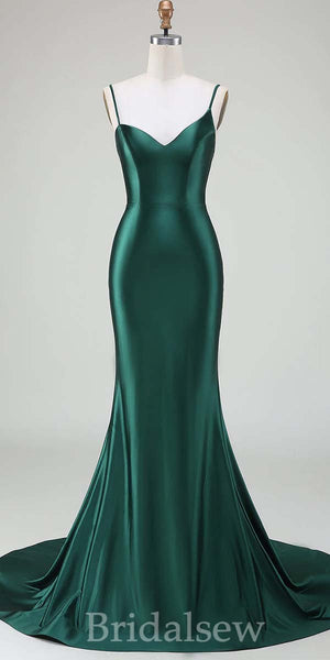 Green V-Neck Spaghetti Straps Mermaid Simple Elegant Evening Formal Long Prom Dresses PD1448