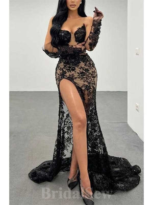 Mermaid Black Lace High Slit Party Modest Women Evening Formal Long Prom Dresses PD1474