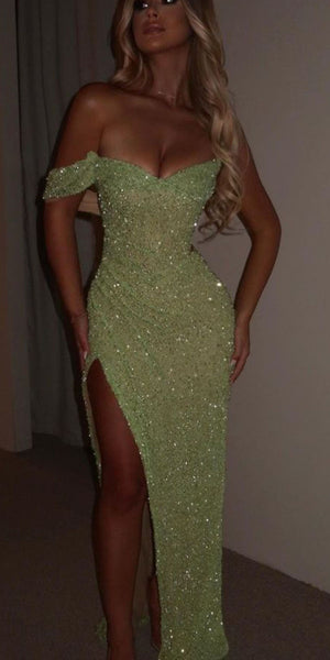 Mermaid Off Shoulder Sparkly Sequin Elegant Party Modest Women Evening Long Prom Dresses PD1491