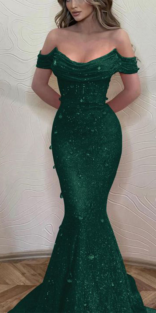 Mermaid Off the Shoulder Orange Green Sparkly Sequin Party Modest Women Evening Formal Long Prom Dresses PD1486