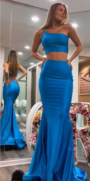 Mermaid Two Pieces Blue Party Modest Women Evening Formal Long Prom Dresses PD1476