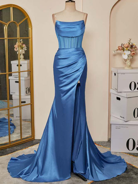 Lace Blue Mermaid Long Formal Evening Dresses with Straps