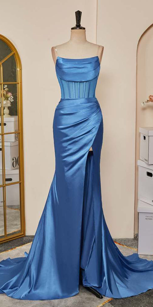 Popular Blue Strapless Mermaid Unique Stylish Elegant Evening Formal Long Prom Dresses PD1434