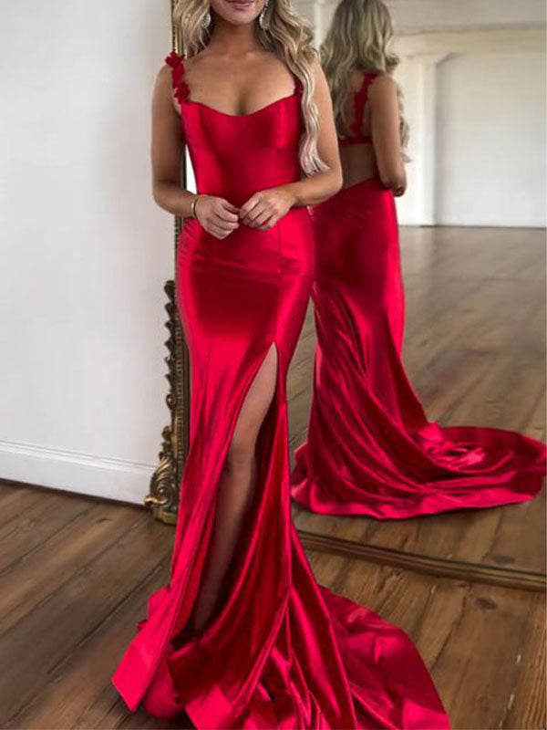 Red Mermaid Elegant Satin Party Stylish Women Evening Long Prom Dresses PD1508