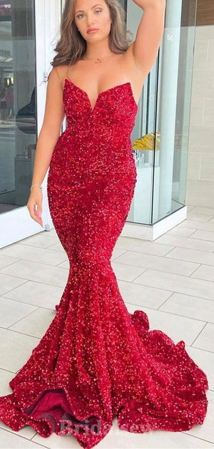 Red Strapless Mermaid Simple Sequin Popular Long Party Evening Prom Dresses PD1362