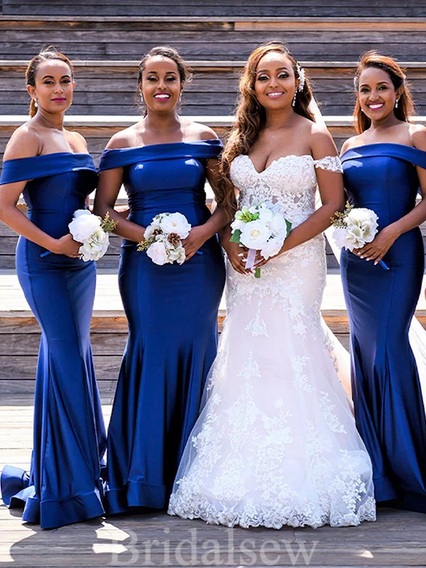 Royal Blue Off the Shoulder Simple Mermaid Long Beach Formal Bridesmaid Dresses BD251