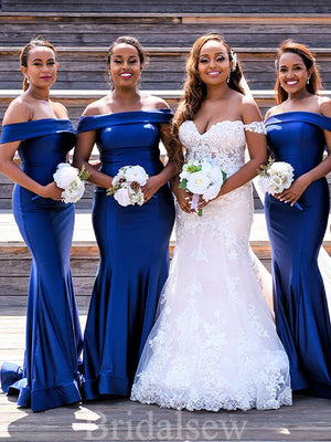 Royal Blue Off the Shoulder Simple Mermaid Long Beach Formal Bridesmaid Dresses BD251