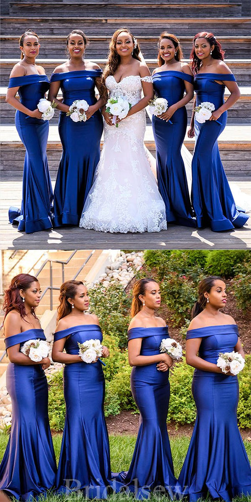 Royal Blue Off the Shoulder Simple Mermaid Long Beach Formal Bridesmaid Dresses BD251