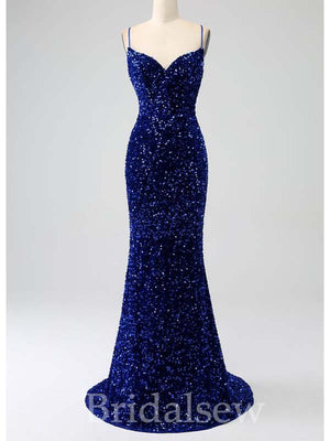 Royal Blue Sequin Spaghetti Straps Mermaid Unique Elegant Evening Formal Long Prom Dresses PD1444