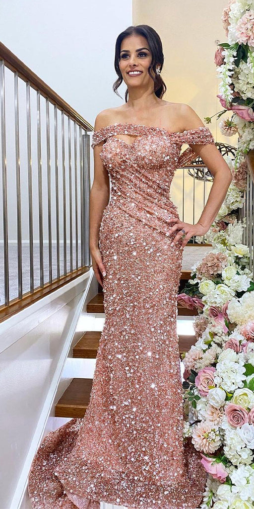 Sequin Sparkly Off Shoulder Popular Mermaid Evening Formal Long Prom Dresses PD1392