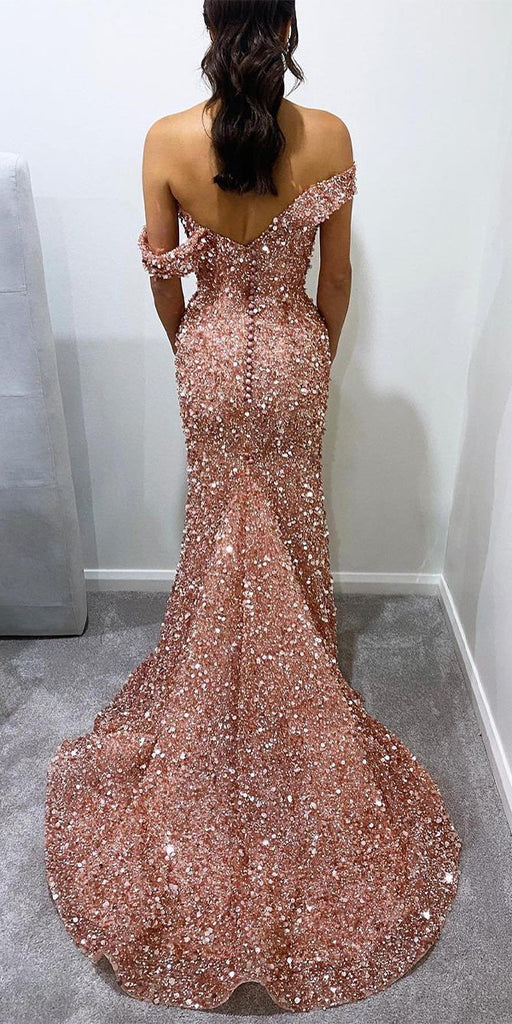 Sequin Sparkly Off Shoulder Popular Mermaid Evening Formal Long Prom Dresses PD1392