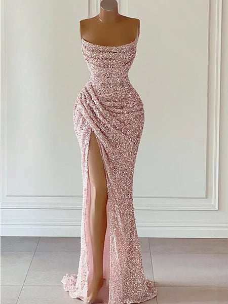 Shiny Spaghetti Straps Mint Green Sequin Mermaid Evening Gown Long Party Dress D876