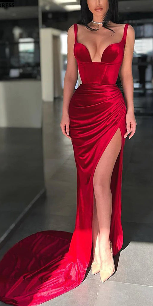 Simple Sleeveless Velvet Popular Mermaid Evening Formal Long Prom Dresses PD1394