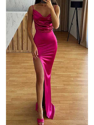 Spaghetti Straps Hot Pink Simple Popular Party Modest Women Evening Formal Long Prom Dresses PD1480