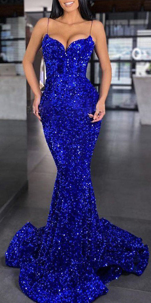 Spaghetti Straps Sequin Mermaid Simple Modest Long Women Best Evening Prom Dresses PD1016