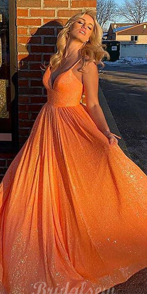 Sparkly Sequin A-line Orange Elegant Party Stylish Women Evening Long Prom Dresses PD1511